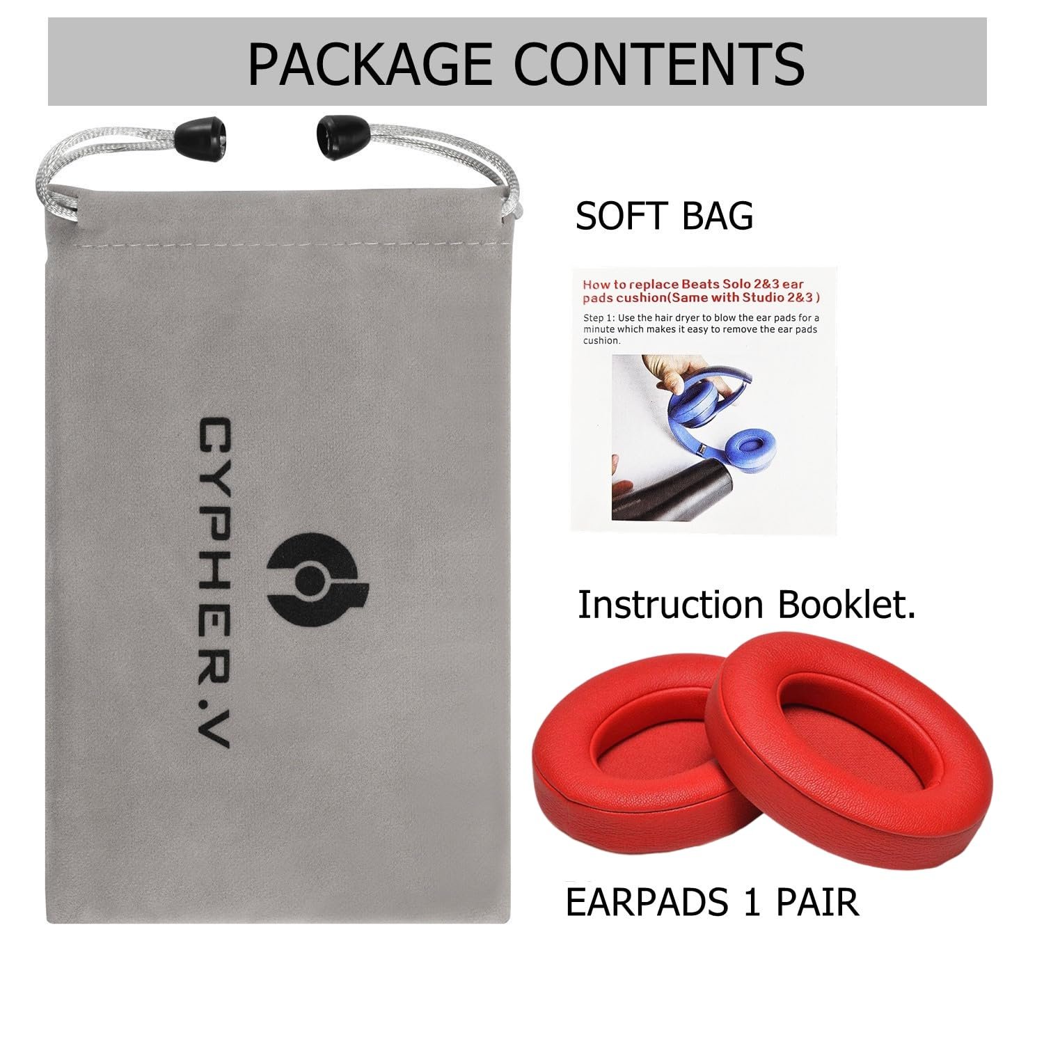 CYPHER.V Replacement Ear Pads Cover Compatible with Beats Studio 2 and Studio 3 Over Ear Headphones 1 Pair (Red)