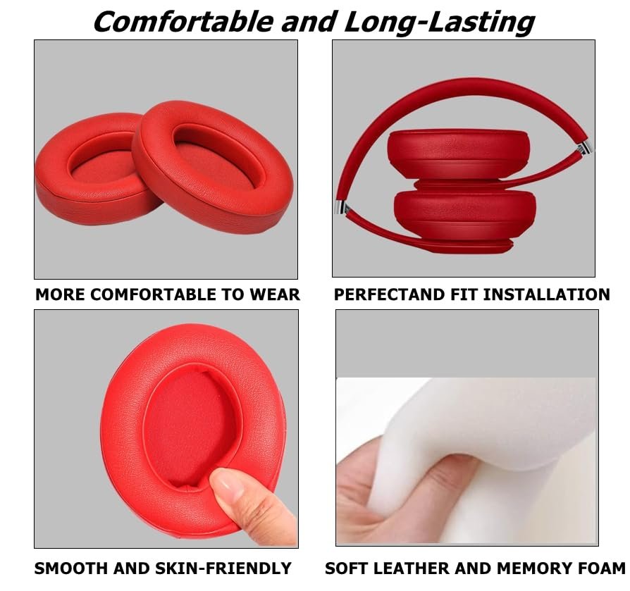 CYPHER.V Replacement Ear Pads Cover Compatible with Beats Studio 2 and Studio 3 Over Ear Headphones 1 Pair (Red)